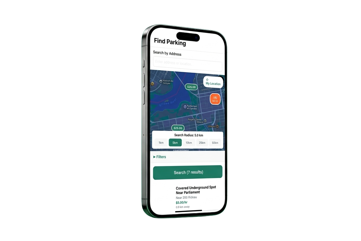 The ParkLocal app search screen, showing nearby spaces on a map with a list of results below